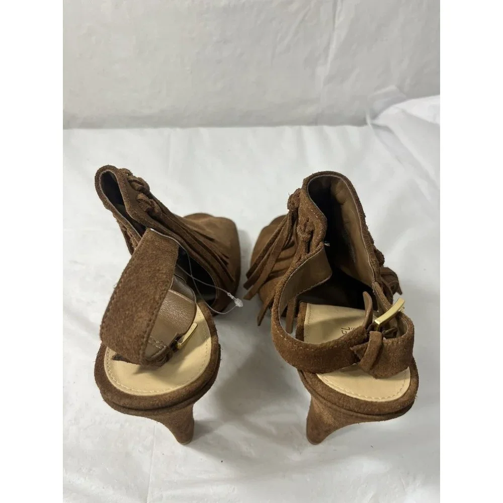 Michael Kors Brown Suede Fringe Peep-Toe Slingback Heels